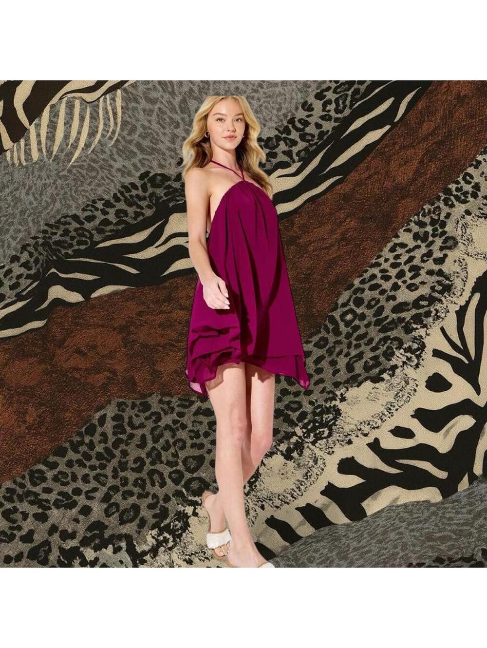 Burgundy mini dress with halter neck and open back